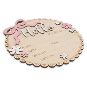 Wooden newborn baby birth announcement plaque hello world photography prop milestone sign.