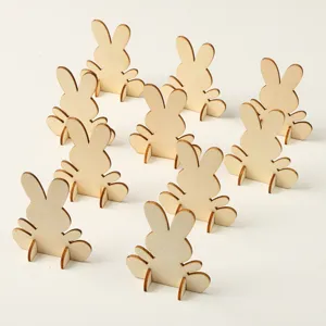 Wooden Easter bunny cutouts for DIY painting, craft wooden rabbit decorations with stands.