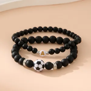Set braccialetti uomo in perle nere opache con calcio e lettera A regalo