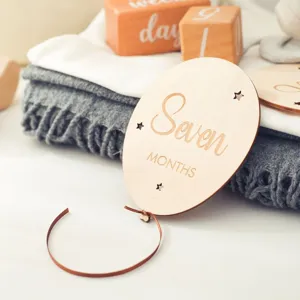 Wooden balloon baby milestone plaque photo prop, engraved month hanging ornament for infant record.