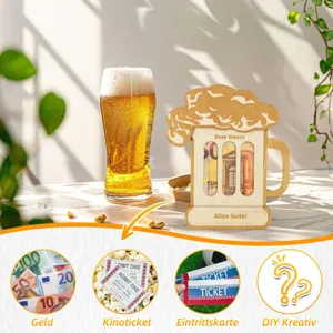 Holz Bierkrug Spardose Detailansicht, Geldgeschenk Box, Party Deko, kreatives DIY Holzmotive.