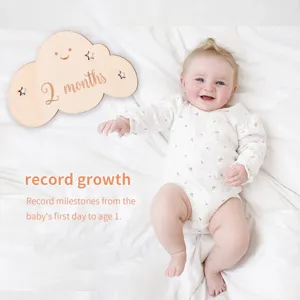 Wooden baby milestone plaque monthly card newborn growth record photography props cloud shape