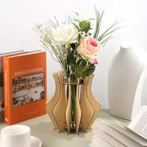 Support d'Affichage de Vase à Fleurs en Puzzle en Bois et Support de Bouquet de Bureau pour Ornement de Décoration de Table de Bureau à Domicile