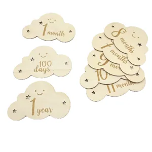 Wooden baby milestone cards, cloud shape monthly photo props for newborn infant growth tracking.