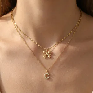 Collana con Pendente a Doppia Lettera Iniziale con Fiocco in Acciaio Inossidabile per Donna Collana con Alfabeto Strass Oro Argento Gioielli