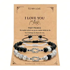 Couple matching distance bracelets natural black matte and white stone with metal knot charm set.