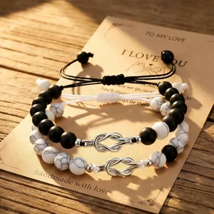Natural Stone White Howlite Black Matte Couple Bracelet Set Infinity Concentric Knot Adjustable Rope Charm Jewelry Gift