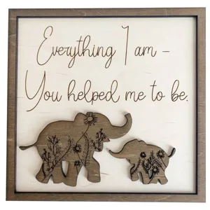 Wooden elephant plaque wall art with engraved quote, mother and baby decor for home gift.