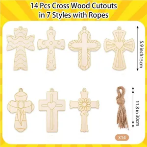 Lot de 14 decoupes de croix en bois non finies en 7 styles avec cordes de jute pour loisirs.