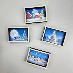 Set of 4 miniature Christmas wooden frames featuring cute Santa, reindeer and snowy village.