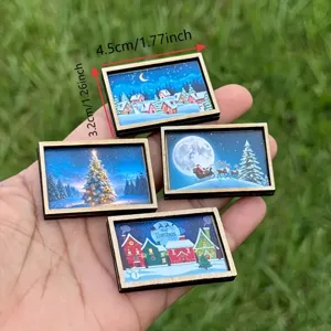 4pcs Mini Christmas Art Wooden Frames Miniature Holiday Scene Toys For Dollhouse Decor