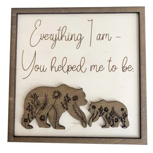 Wooden mother and child bear wall art sign with floral pattern for home decor and gifts.