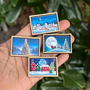4-piece miniature Christmas art wooden frame set with festive holiday scene paintings for decor.