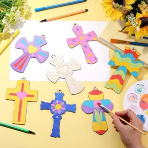 Pendentifs croix en bois brut DIY peinture art enfant artisanat déco de fête maison