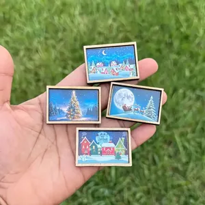 4-piece mini Christmas art wooden frames, cute miniature holiday scene toys for dollhouse.