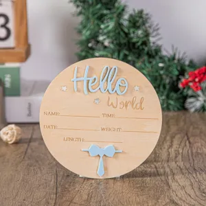 Targa Annuncio Nascita Neonato in Legno Hello World Segno di Milestone Decorazione Cameretta Neonato Regalo Battesimo