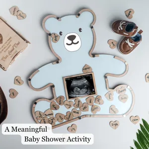Houten beren gastenboek set voor baby shower feest met hartjes tags en echofotolijst.