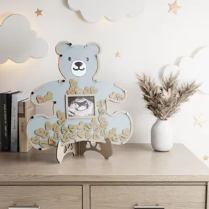 Houten beren gastenboek alternatief met hartjes tokens voor babyshower bruiloft decor.
