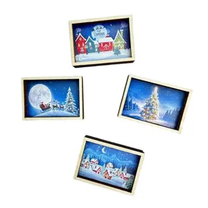 4-Piece Miniature Christmas Art Wooden Frames Set with Santa and Village Holiday Decor