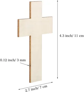 Vue détaillée des dimensions de la croix en bois, surface lisse pour peinture DIY.