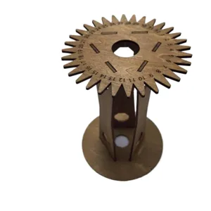 Wooden Kumihimo braiding disc stand tool with numbered gear design for handmade rope crafts.