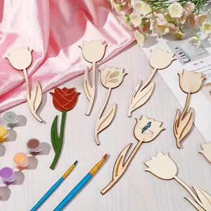 Kit de bricolage fleurs tulipes en bois avec pieces brutes peintures et pinceaux pour enfants.