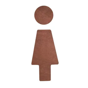 Wooden women toilet sign detail, brown restroom wall decor craft, simple public symbol cutout.