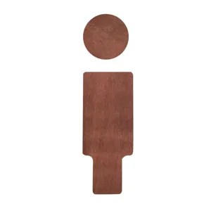Wooden toilet sign bathroom wall decor detail view, natural brown wood grain finish design.