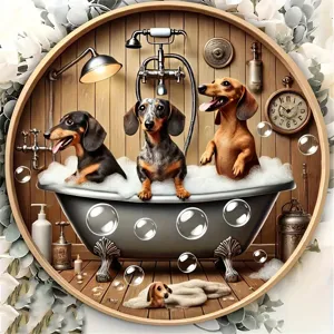 Rustic wooden hanging wall plaque featuring cute dachshund dogs bathing for country home decor