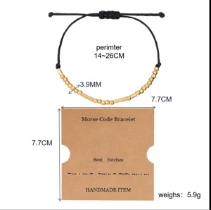Adjustable black wax cord Morse code bracelet with gold beads, handmade friendship jewelry.
