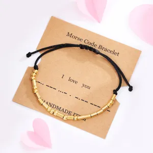 Adjustable Morse Code Bracelet handmade gold metal beads black wax rope jewelry gift