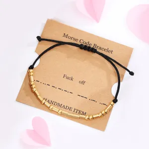 Adjustable Morse Code Bracelet Handmade Black Wax Cord Gold Metal Beads Jewelry Gift