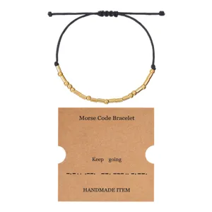 Adjustable Morse Code Bracelet with Gold Beads Black Wax Cord Handmade Jewelry Gift for Men Women
