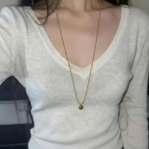 Lange Gold Perlenkette mit massivem Kugelanhänger, 18k vergoldeter Edelstahl Schmuck Damen.