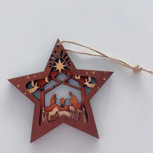 Detailed close-up of a wooden Nativity star ornament with rope for Christmas decor.