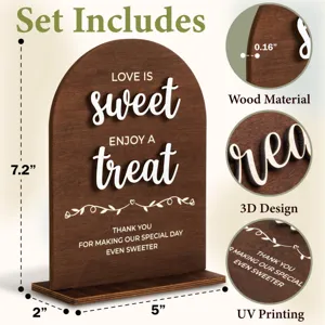 Wooden wedding arch table sign detail view showing dimensions, 3D design and UV printing.