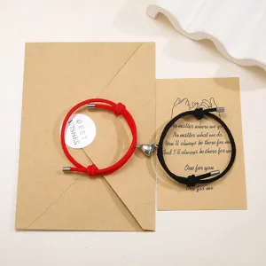 Set van koppel magnetische hart armbanden, rood en zwart gevlochten touw legering.