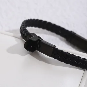 Bracciale in ecopelle PU nera intrecciata con chiusura in acciaio inox, gioiello unisex.
