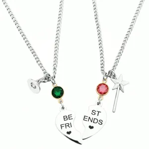 Roestvrijstalen best friends vriendschap ketting met heksenhoed, toverstaf en kristal bedels.