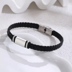 Bracciale in pelle PU intrecciata nera con eleganti dettagli in metallo di acciaio inossidabile.