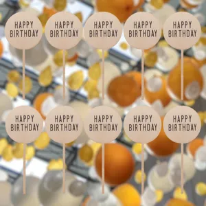 Lot de cake toppers joyeux anniversaire en bois, décoration de fête ronde pour gâteau.