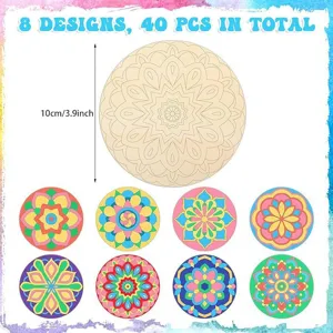 Tranches de mandala en bois inachevées kit d'artisanat de copeaux ronds huit motifs.