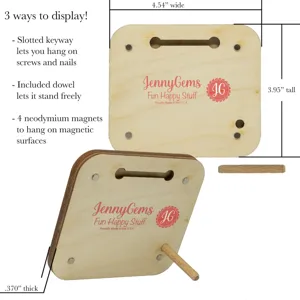 Wooden display plaque with magnetic back, keyway and dowel stand for versatile hanging.