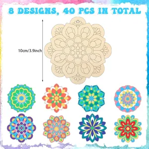 Tranches de bois mandala inachevées ensemble DIY, 8 designs, 40 pcs, déco murale 10cm.