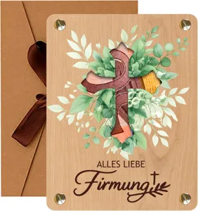 Wooden confirmation money gift card with green leaves cross design envelope packaging