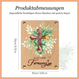 Wooden confirmation money gift plaque with green leaves design, 13x10cm dimension detail.