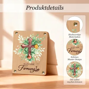 Wooden money gift holder with cross design and green leaves for confirmation and holidays.