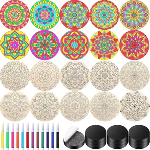 Kit de peinture sur tranches de bois mandala DIY avec marqueurs et pads pour déco murale.
