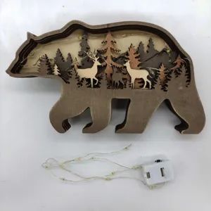 Ornement en bois ours cerf forêt multicouche avec guirlande lumineuse LED pour décoration