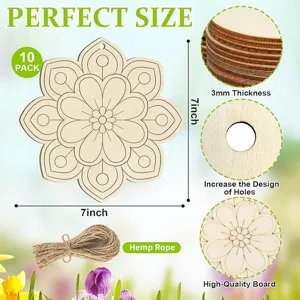 Découpes de mandala en bois brut lot de 10 tranches de bois de bricolage de 7 pouces avec corde